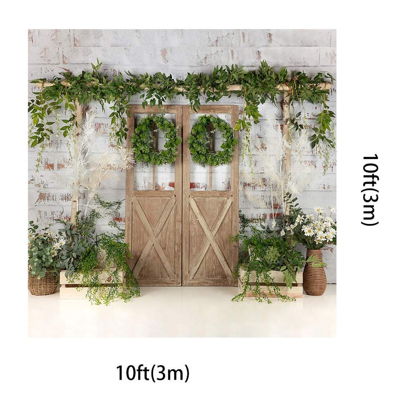 Kate Rustic White Painted Brick Wall Wood Door Photography Backdrops 10x10ft Spring Green Grass and Flowers Photo Backgrounds Baby Shower Backdrop Photoshoot Props - Image 2